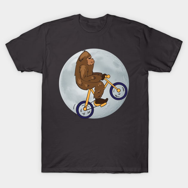 Bigfoot Riding a Bike in Front of the Moon T-Shirt by DANPUBLIC